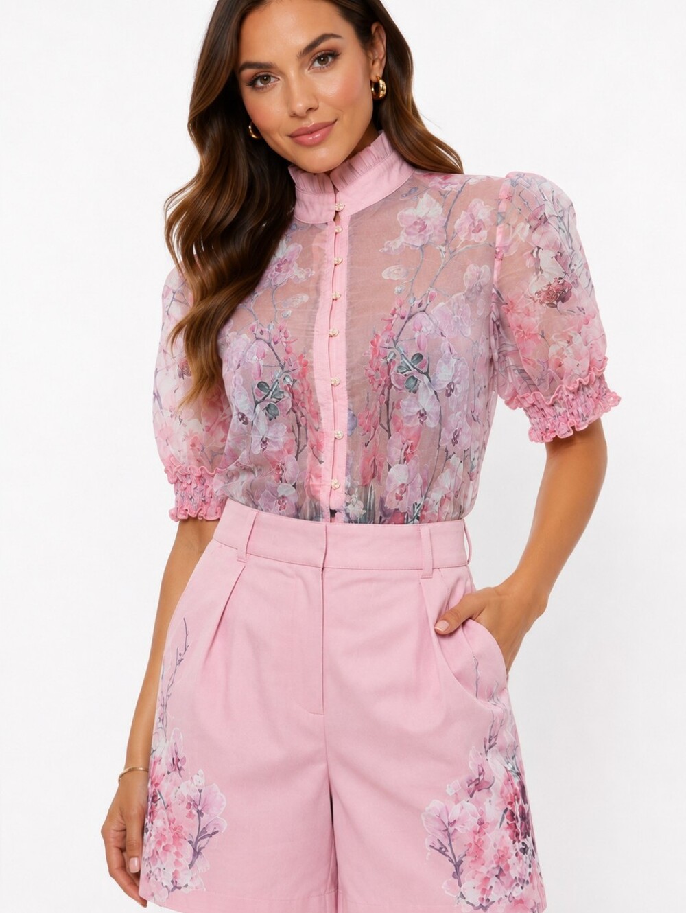 ANEWSTA Floral Blouse Shorts Set Pink Sheer Puff Sleeve Co-Ord Large Sz 10